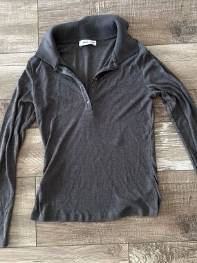 Mango Charcoal Gray Ribbed Polo Knit Top